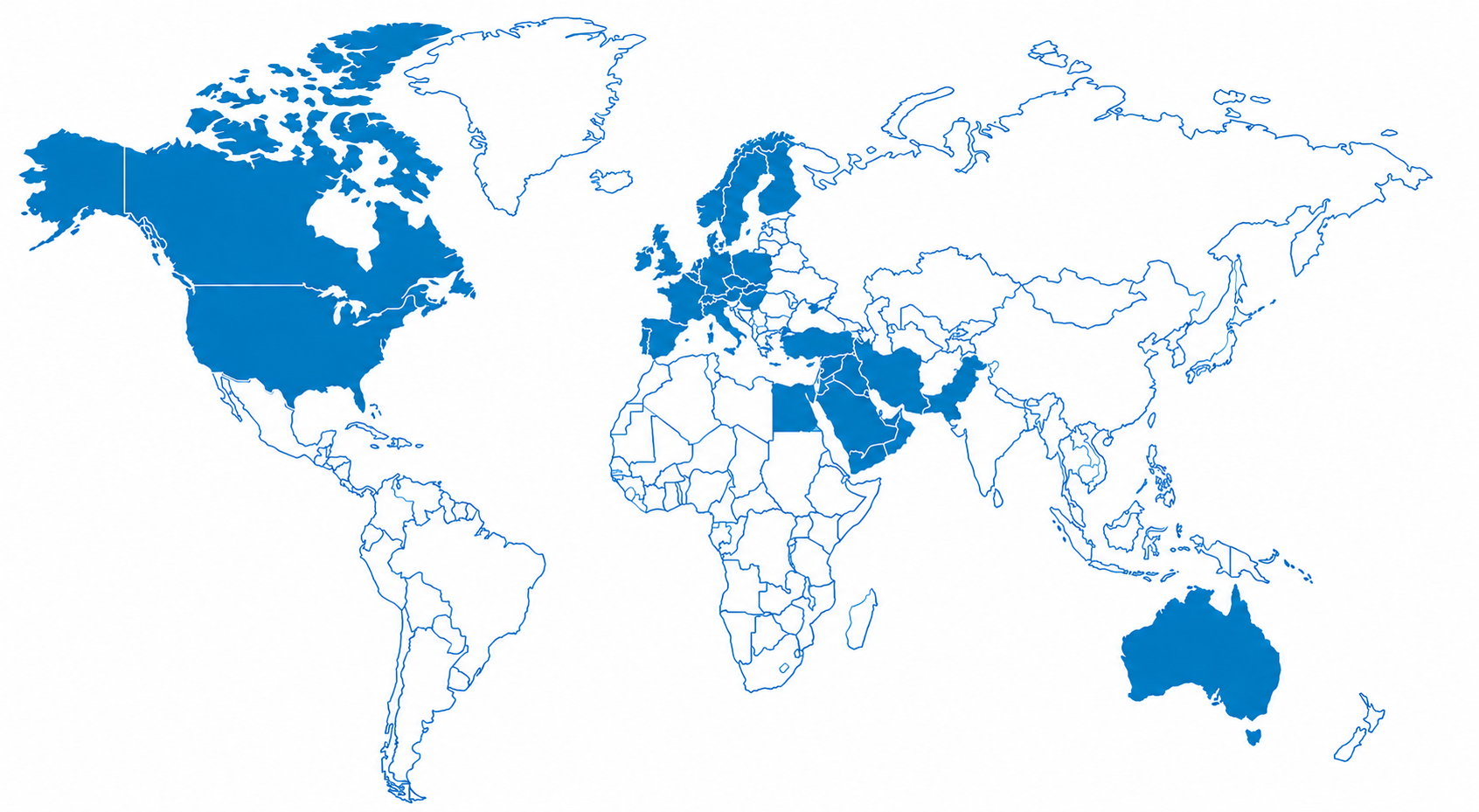 World map showing Zahwah Global service regions — North America, Middle East, South Asia and Europe
